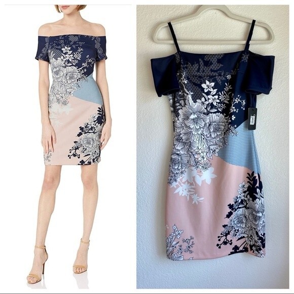 Guess Off the Shoulder Multi-Printed Scuba Dress with Removable Straps - Size 6 - Picture 1 of 14